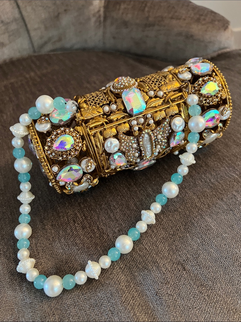Embellished Gold Jeweled Cylinder Clutch with Pearl & Aqua Beaded Strap